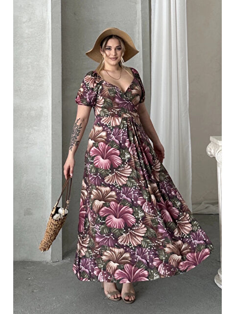 Stil Diva Büyük Beden Kısa Kollu Prenses Yaka Çiçek Desenli Maxi Elbise 74-80 - S000375521-23173