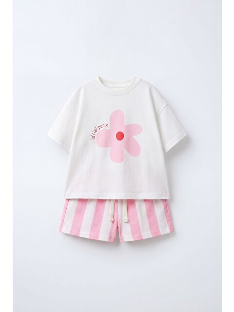 Magu Kız Çocuk Pamuklu Beyaz Çiçek Baskılı Tişört Şort Takım - Pembe Çizgili