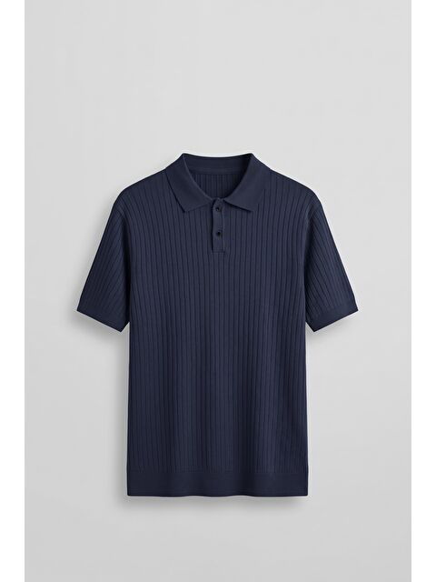 Abluka Online Erkek Relaxed Fit Fitilli Triko Polo Yaka T-Shirt Lacivert