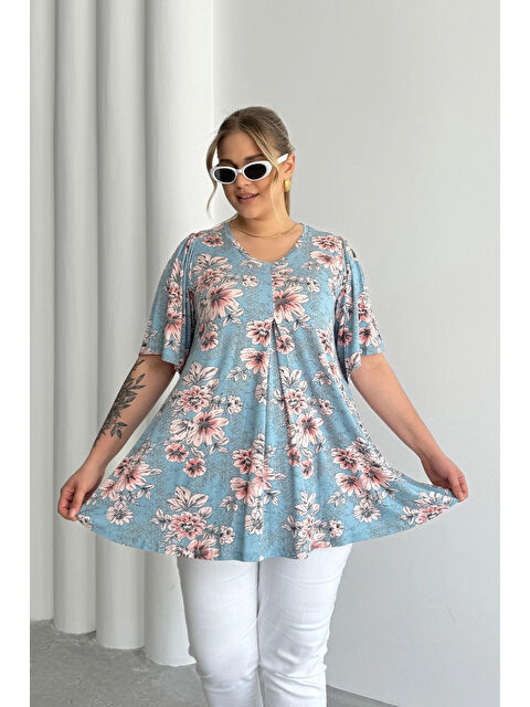 Stil Diva Büyük Beden V Yaka Kısa Kollu Eteği Bollaşan Desenli Bluz 101-44 - S000375524-17234