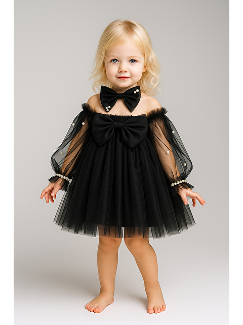 Magu Kız Çocuk Siyah Tül Fiyonk Ve İnci Detaylı Elbise - S000427599-19351