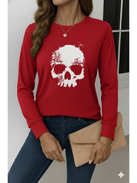 Jane's Kadın Uzun Kollu Bisiklet Yaka Kurukafa Desenli Viskon Bluz