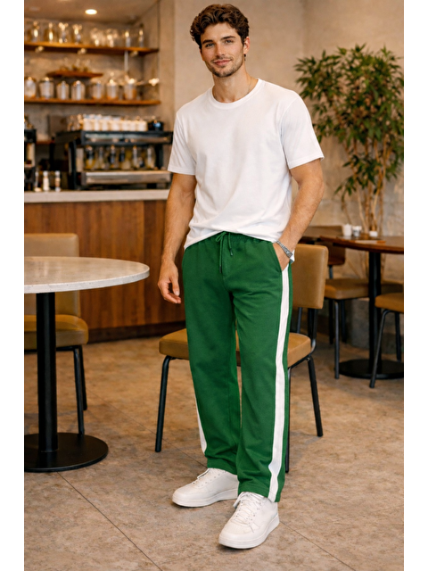 Tarz Cool Erkek Yeşil Şeritli Eşofman Altı Bağcıklı Baggy Rahat Kesim Günlük Spor Pantolon - S000502574-18194