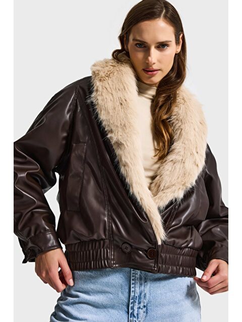 It's Basic Kadın Koyu Kahve Kemer Boy Yakası Pelüş İçi Astarlı Tasarım Suni Deri Mont - S000497813-29704