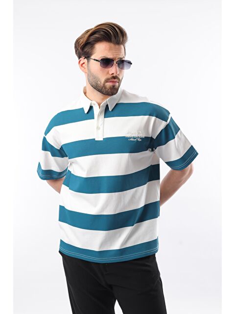 Madmext Petrol Mavisi Oversize Renk Bloklu Polo Yaka %100 Pamuk Tişört E7120 - S000352962-20019