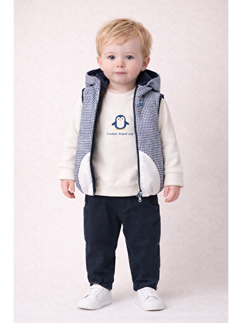 Harika Kids Erkek Bebek 3’lü Takım 9-24 Ay Şişme Yelek %100 Pamuk Sweatshirt Kadife Pantolon - S000513263-21164