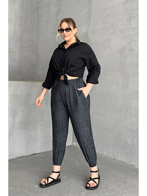 Stil Diva Büyük Beden Beli ve Paçası Lastikli Cepli Desenli Şalvar Pantolon 74-73 - S000375526-19351