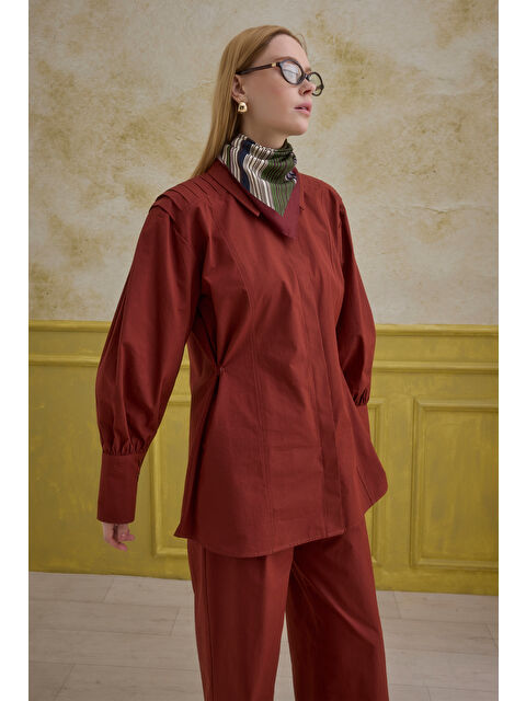 HE-QA %100 Pamuk Arkası Pileli Gömlek Bordo - S000530705-19951