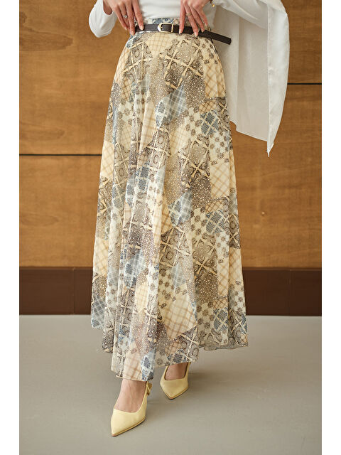 Locco Moda Kadın Etnik Desenli Sim Detay Kemerli Etek Sarı - S000530121-20072