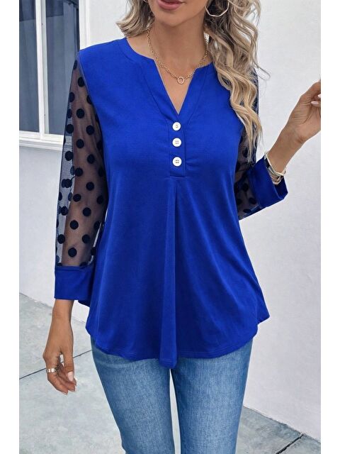 Jane's Kadın Uzun Kollu Yakadan Düğmeli Kolları Tül Detaylı Viskon Bluz