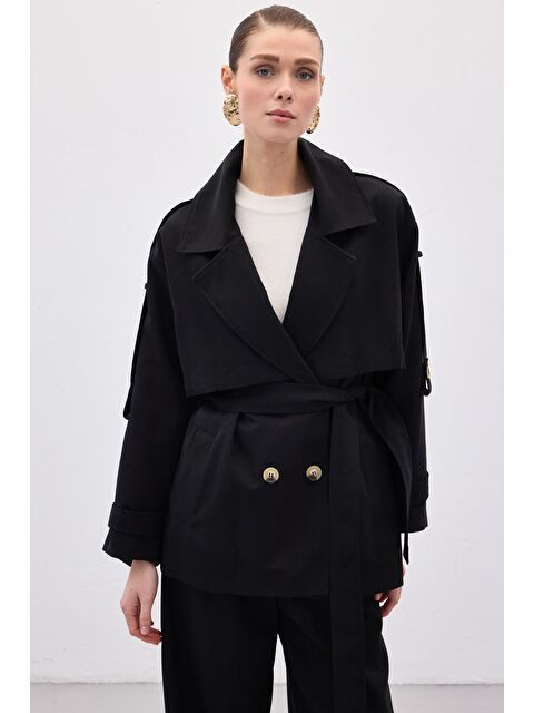 SATEEN Kısa Trençkot - Siyah - S000505915-19351