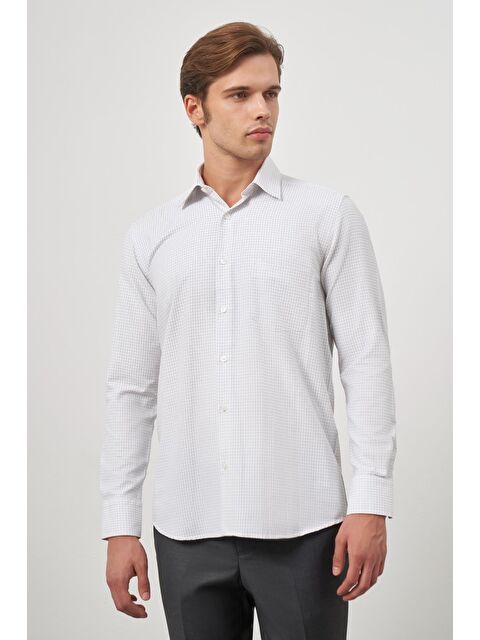İMZA Beyaz Uzun Kol Kareli Desen Bez Ayağı Sert Yaka Cepli Pamuklu Classic Comfort Fit Gömlek 1004245163 - S000357311-17219