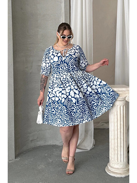 Stil Diva Büyük Beden Önü Bağlamalı Yarım Kollu Desenli Mini Elbise 101-9 - S000375528-20063