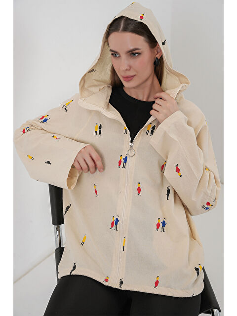 Bigdart Kadın Kapüşonlu Desenli Keten Ceket 0736 - Ekru - S000469215-19965