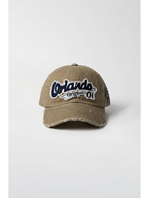 Abluka Online Erkek Vintage Nakışlı Yıkamalı Beyzbol Şapka Açık Bej