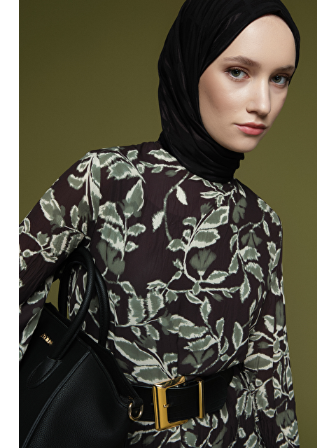 ARMİNE Çiçek Desenli Kırışık Görünümlü Elbise Yeşil - S000518780-18194