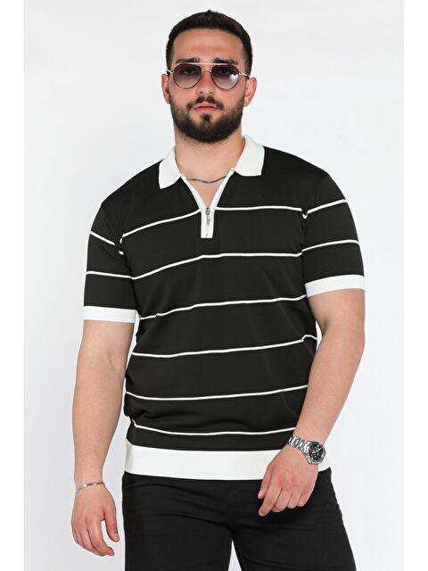 Mishar İtalia Erkek Polo Yaka Yarım Fermuarlı Çizgi Desenli Triko Tişört - S000399554-19351