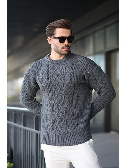 Madmext Antrasit Örgü Desenli Triko Erkek Kazak E7425 - S000442766-29666