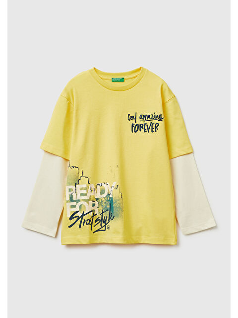 United Colors Of Benetton Erkek Çocuk Çift Kollu Baskılı Bisiklet Yaka T-Shirt - S000517359-23173