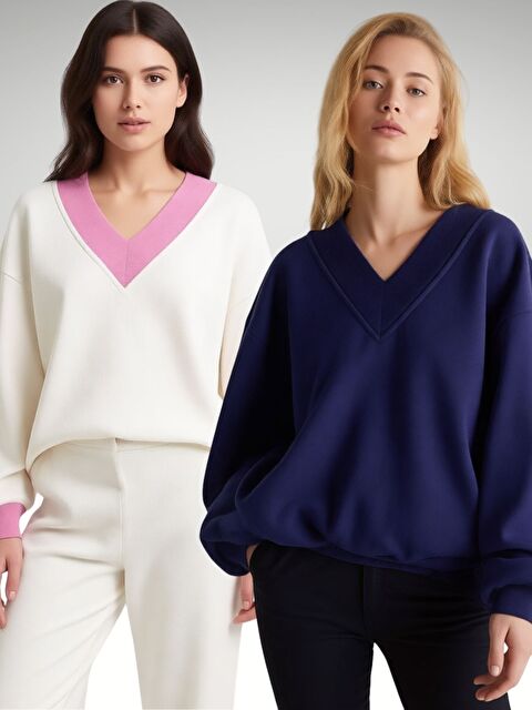 Trendseninle 2Li Set Beyaz+Laci V Yaka Düz Oversize Sweatshirt - S000490850-37494