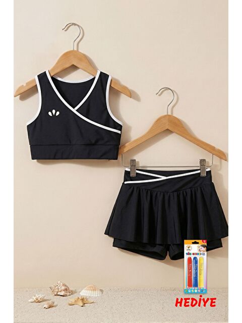 ZUZUNGA Kız Çocuk Şortlu Biyeli Siyah Renk Bikini Takımı