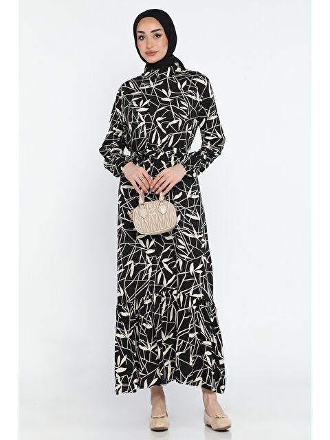 Julude Desenli Bel Bağlamalı Tesettür Viskon Elbise - S000361246-5476