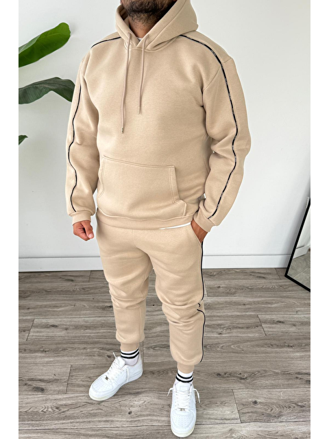 Tarz Cool Erkek Kapüşonlu Kanguru Cepli Biyeli %100 Pamuk Alt Üst Takım Bej - S000464751-19928