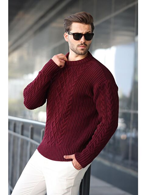 Madmext Bordo Örgü Desenli Triko Erkek Kazak E7425 - S000442766-19951