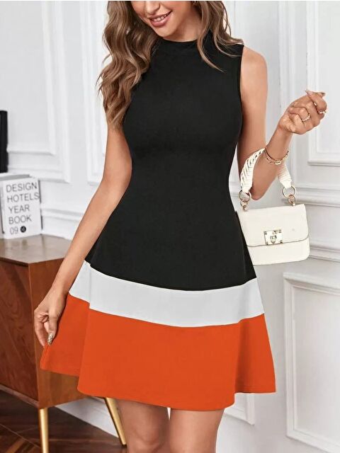 Jane's Kadın Sıfır Kol Yarı Balıkçı Yaka şerit Detaylı Ithal Krep Elbise - S000527960-20013