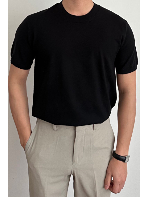 Tarz Cool Erkek Siyah Slim Fit Bisiklet Yaka Triko T-Shirt - S000398439-19351