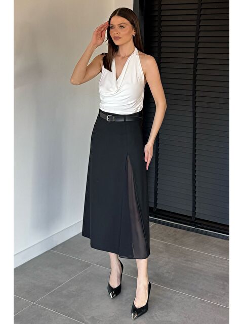 Gülseli Kadın Kemer Aksesuarlı Tül Yırtmaç Detaylı Etek