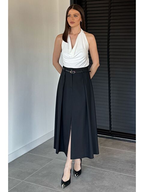 Gülseli Kadın Kemer Aksesuarlı Yırtmaç Detaylı Etek