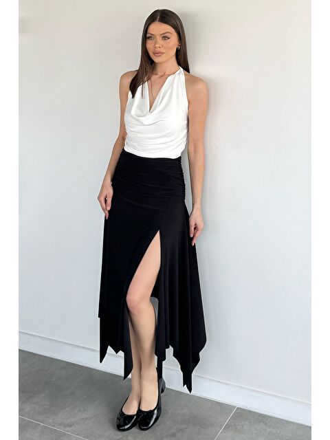 Gülseli Kadın Bel Lastikli Büzgü Detaylı Asimetrik Kesim Yırtmaçlı Etek