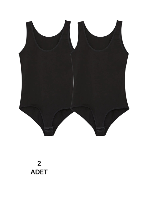 Güneş Siyah Geniş Askılı Kadın Çıtçıtlı Body 2'Li - S000313343-14430