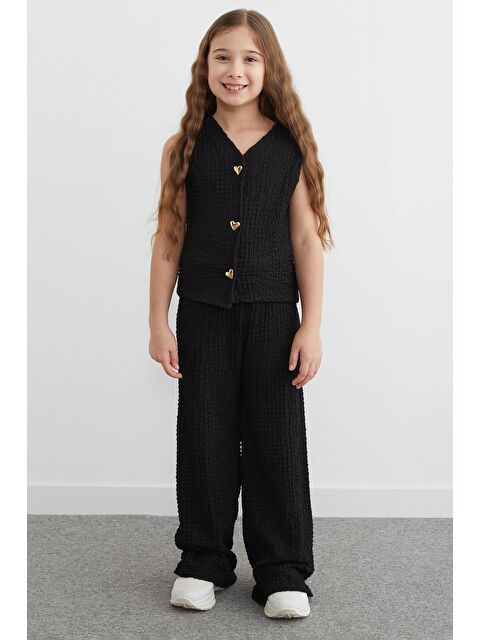 Fullamoda Kalp Düğmeli Dokulu Yelekli Kız Çocuk 2 Li Takım - S000517385-19351