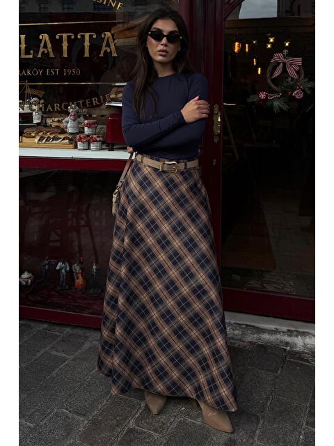 Madmext Lacivert Ekose Desen Kemerli Uzun Etek Mg2635 - S000505353-21164