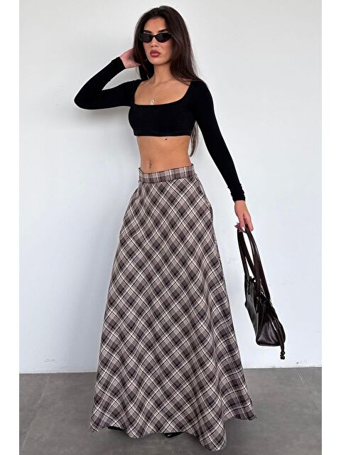 Madmext Kahverengi Ekose Desen Uzun Boy Etek Mg2648 - S000505355-19413