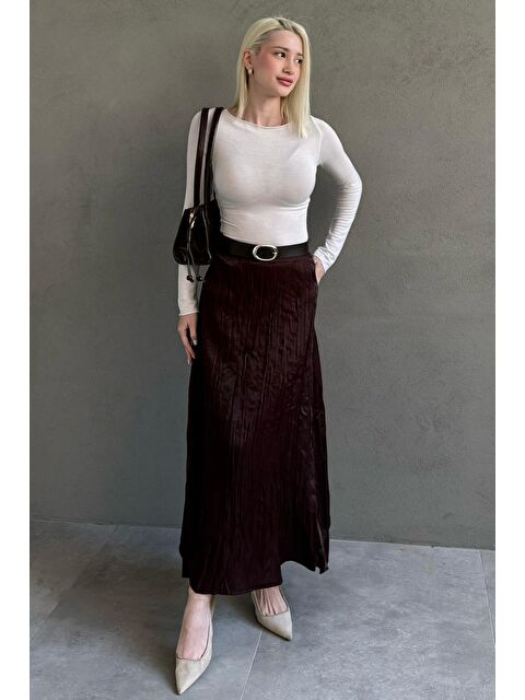 Madmext Kahverengi Kırışık Desen Kemerli Cepli Uzun Etek Mg2661 - S000505356-19413