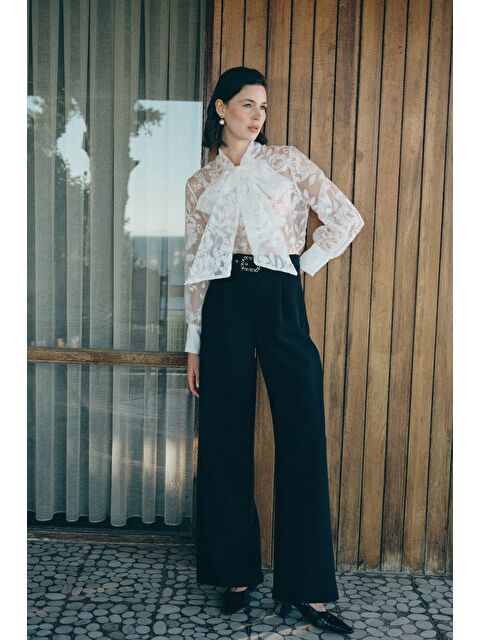 SATEEN Kemerli Bol Pantolon - Siyah - S000497821-19351