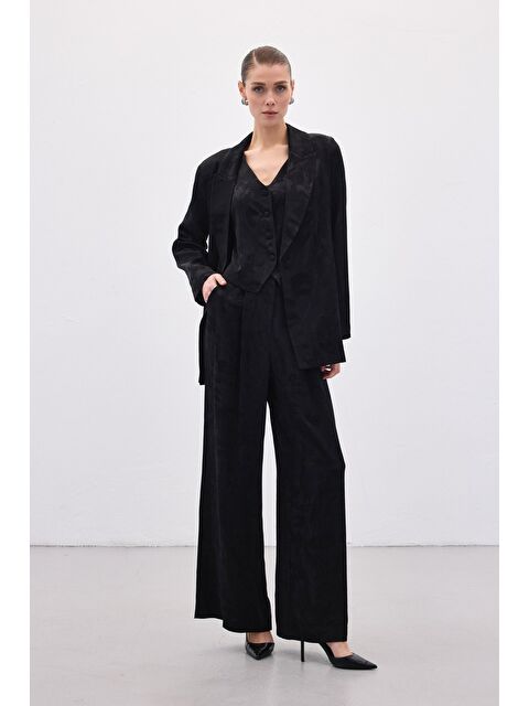 SATEEN Jakarlı Bol Pantolon - Siyah - S000497822-19351