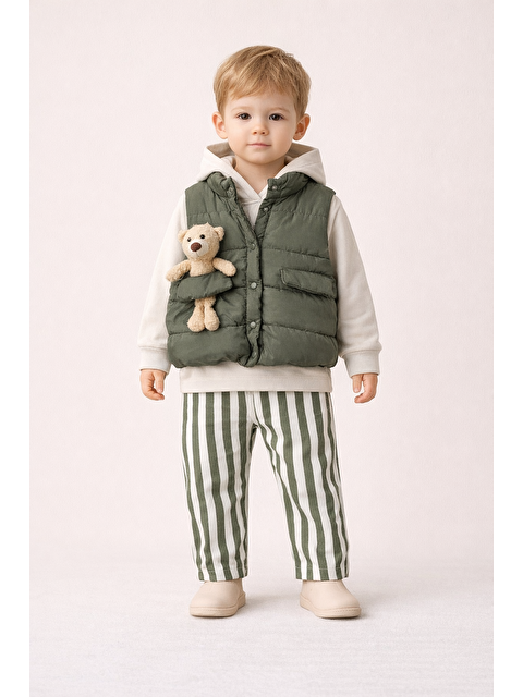 Harika Kids Erkek Bebek 3’lü Takım 9-24 Ay Şişme Yelek %100 Pamuk Sweatshirt Gabardin Pantolon - S000513264-18194