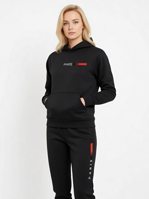 Trendseninle Kadın Tam Siyah Paris Baskı Alt Üst Uzun Kollu Eşofman Takımı - S000490852-22238