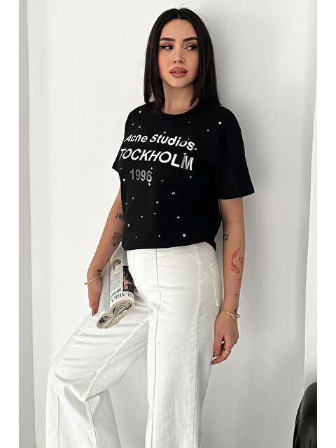 carla10 Taş Detaylı Yazılı Tişört Siyah - S000530713-19351