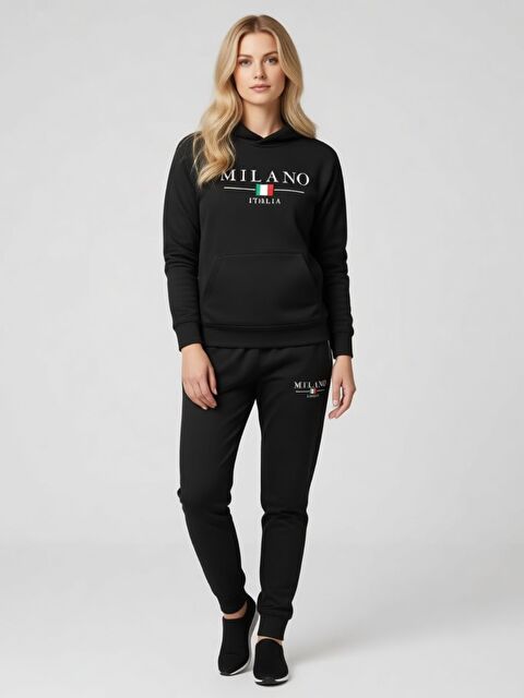 Trendseninle Kadın Tam Siyah Milano Baskı Alt Üst Uzun Kollu Eşofman Takımı - S000490852-19351