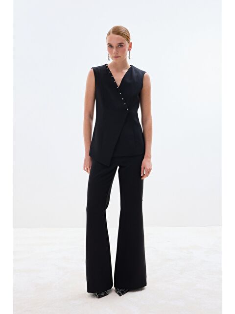 SATEEN Yanları İnci Aksesuarlı Pantolon - Siyah - S000497824-19351