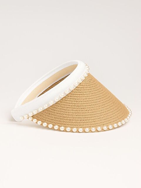 Luminos Butik Camel İnci Detaylı Hasır Güneş Şapkası İnce Örgü Tasarım Toka Detaylı Aksesuar HSR2088 - S000384072-4557