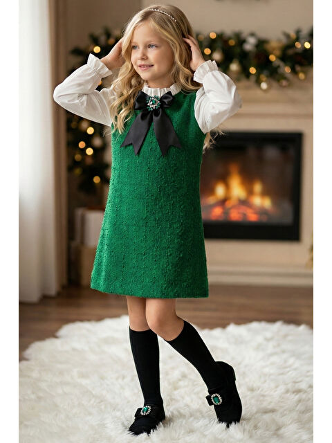 Parla Kids Kız Çocuk Açık Yeşil Vanessa Broş Detaylı Tüvit Uzun Kollu Yılbaşı Elbisesi - S000464864-29488