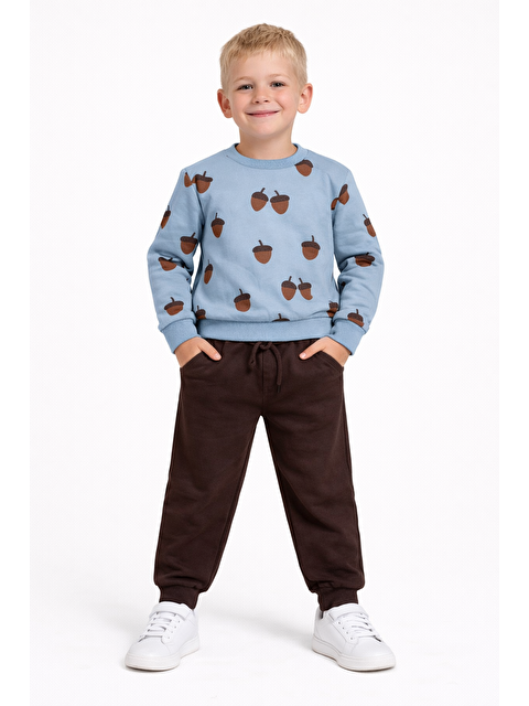 Zepkids Bisiklet Yaka Meşe Palamudu Baskılı Mavi - Kahve Renk Erkek Çocuk Eşofman Takımı - S000495302-17234