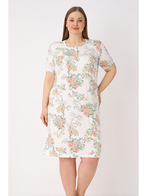 Intensive Kadın Büyük Beden Desenli Düğmeli Kısa Kollu Elastanlı Gecelik