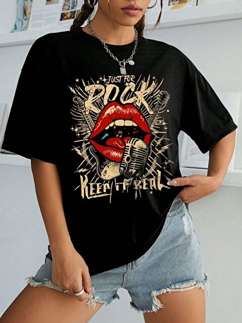 Trendseninle Siyah Keep İt Real Baskılı Regular Tişört - S000497833-19351